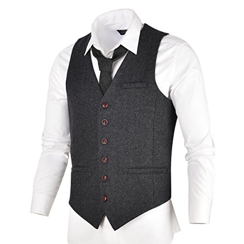 VOBOOM Herren Slim Fit Tweed Anzug Premium Weste aus Wollmischung mit Fischgrätmuster MEHRWEG, M, Dunkelgrau von VOBOOM
