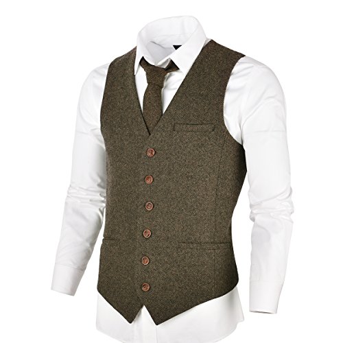 VOBOOM Herren Slim Fit Tweed Anzug Premium Weste aus Wollmischung mit Fischgrätmuster MEHRWEG, XL, Khaki von VOBOOM