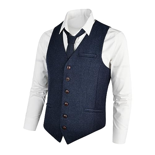 VOBOOM Herren Slim Fit Fischgräten-Tweed Anzüge Weste Premium Wollmischung Weste - Blau - Medium von VOBOOM