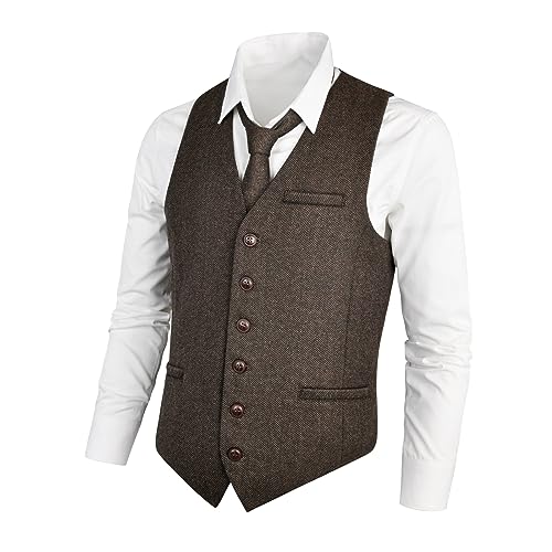 VOBOOM Herren Slim Fit Fischgräten-Tweed Anzüge Weste Premium Wollmischung Weste - Braun - X-Large von VOBOOM