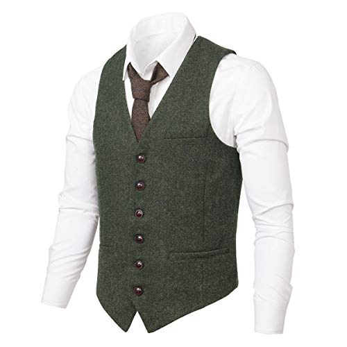 VOBOOM Herren Slim Fit Fischgräten-Tweed Anzüge Weste Premium Wollmischung Weste - Grün - Medium von VOBOOM