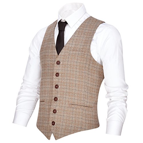VOBOOM Herren V-Ausschnitt Anzugweste Casual Slim Fit Kleid 6 Knöpfe Weste, Khaki, XX-Large von VOBOOM