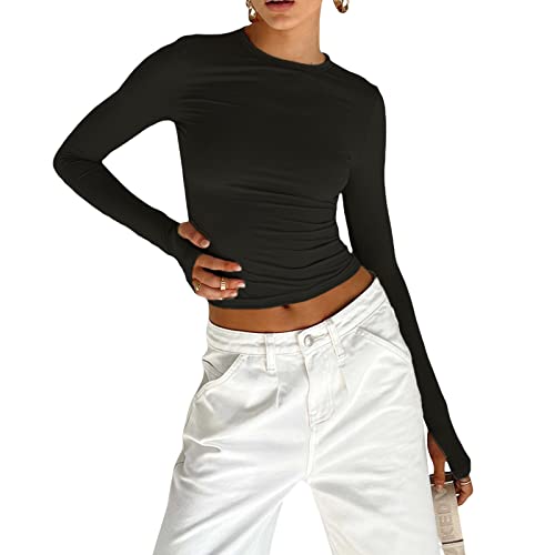 Damen Rundhals Langarm T-Shirt Y2K Sexy Crop Top Bluse Oberteile Slim Fit Basic Casual Longshirt Tops (Black 030B, Small) von VOCAOGM