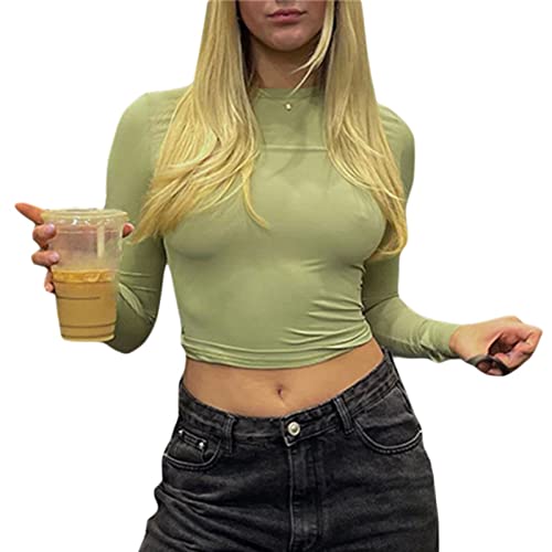 Damen Rundhals Langarm T-Shirt Y2K Sexy Crop Top Bluse Oberteile Slim Fit Basic Casual Longshirt Tops (Green 872J, Medium) von VOCAOGM