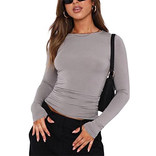 Damen Rundhals Langarm T-Shirt Y2K Sexy Crop Top Bluse Oberteile Slim Fit Basic Casual Longshirt Tops (Grey 872H, Medium) von VOCAOGM