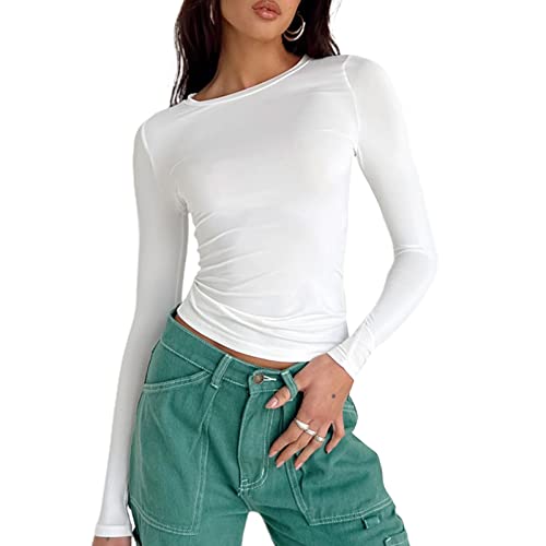 Damen Rundhals Langarm T-Shirt Y2K Sexy Crop Top Bluse Oberteile Slim Fit Basic Casual Longshirt Tops (White 872C, Large) von VOCAOGM