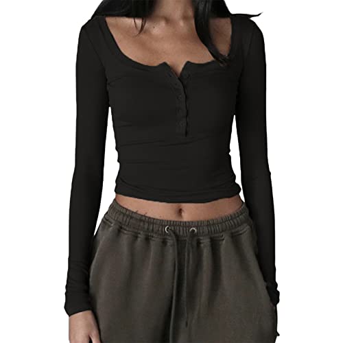 Damen Sexy Slim Crop Shirt Langarm Rundhalsausschnitt Fitted T-Shirts Top Strick Cropped T-Shirt Bluse Retro Streetwear (Black, L) von VOCAOGM