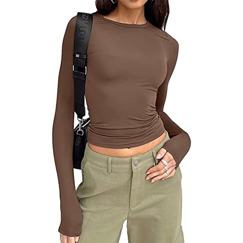 VOCAOGM Damen Rundhals Langarm T-Shirt Y2K Sexy Crop Top Bluse Oberteile Slim Fit Basic Casual Longshirt Tops (Brown 872L, Large) von VOCAOGM