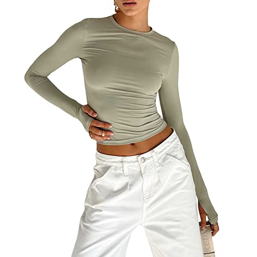 Damen Rundhals Langarm T-Shirt Y2K Sexy Crop Top Bluse Oberteile Slim Fit Basic Casual Longshirt Tops (Green 030A, Large) von VOCAOGM