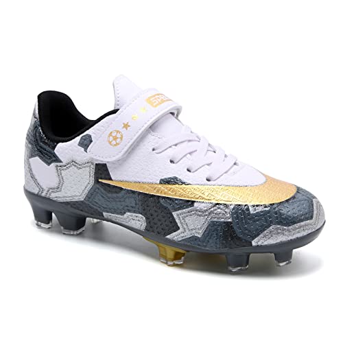 VOCNTVY Fussballschuhe Kinder Sneakers Jungen Fußballschuhe Low Top Sportschuhe Spike Cleats FG/AG Schuhe Professionelle Laufschuhe Weiß Grau 38 EU von VOCNTVY