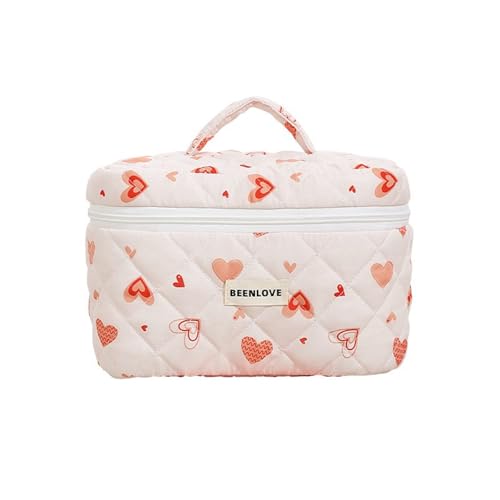 VOCUE Kosmetiktasche mit Herzmuster für Damen und Mädchen, gesteppte Baumwolle, großes Fassungsvermögen, mit Reißverschluss von VOCUE