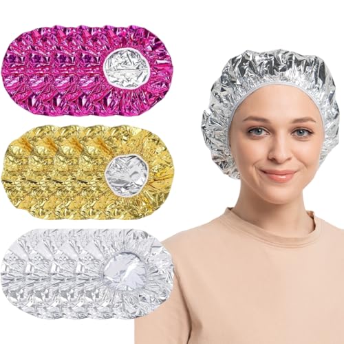12 Stück Thermo-Haarkappe aus Aluminiumfolie, beheizte Haarkappe, wasserdichte, wiederverwendbare Duschkappe, elastische Badekappe, Haarbehandlungen von VODAFQS