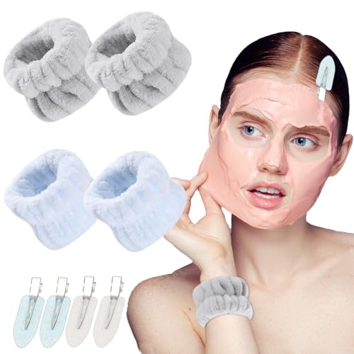 2 Paar Handgelenk Waschband und 4 Haarspangen, saugfähige Armbänder, weiche elastische Gesichtswasch-Armbänder für Damen, saugfähige Armbänder von VODAFQS