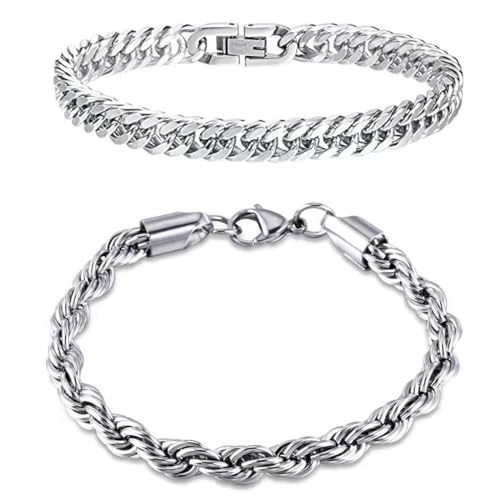 2 Stück Herren Armband Edelstahl Armbänder Panzerkette Silber Herrenarmbänder Jungs Kubanische Armband von VODAFQS