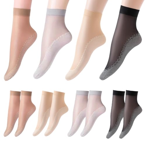4 Paar Nylonstrümpfe, knöchelhoch, mit rutschfester Baumwoll-Innensohle, Knöchel Feinsöckchen, Antirutsch Feinsoeckchen Damen4 Farben von VODAFQS