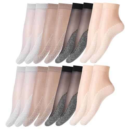 8 Paar Nylonstrümpfe, knöchelhoch, mit rutschfester Baumwoll-Innensohle, Knöchel Feinsöckchen, Antirutsch Feinsoeckchen Damen4 Farben von VODAFQS