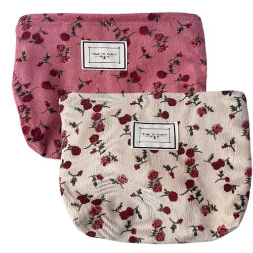 VODAFQS 2 Stück Kleine Kosmetiktasche, Reise-Kosmetiktasche, Damen-Make-up-Clutch, Blumen-Make-up-Tasche, Cord-Kosmetiktasche von VODAFQS