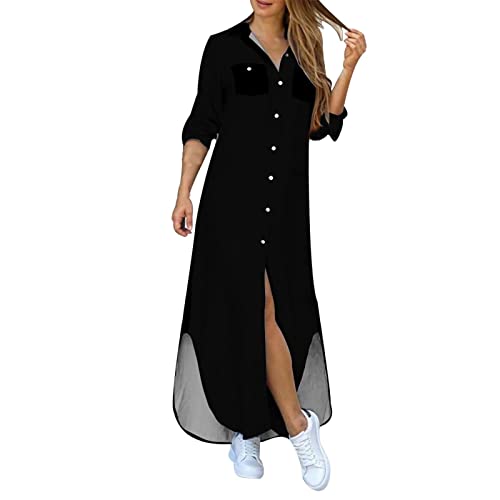 Damen Sommerkleid Lang Bluse Kleid Button-Down Hemdkleid Casual Lange ÄRmel Kleider Grosse GröSsen Langes Maxikleid Loose Fit A-Linie Swing Strandkleid Freizeitkleider Partykleider von VODMXYGG