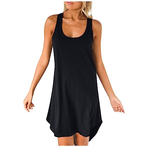 VODMXYGG Sommerkleid Damen Knielang Leicht Tank Kleid Ärmellos Elegant Einfarbig Damen Kleider Mode Vorne Kurz Hinten Lang Tshirt Kleid Große Größen Lose Strandkleid Tank Tops Freizeitkleid von VODMXYGG