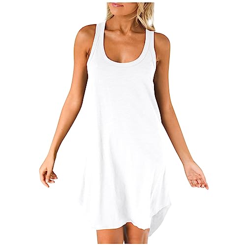 VODMXYGG Sommerkleid Damen Knielang Leicht Tank Kleid Ärmellos Elegant Einfarbig Damen Kleider Mode Vorne Kurz Hinten Lang Tshirt Kleid Große Größen Lose Strandkleid Tank Tops Freizeitkleid von VODMXYGG