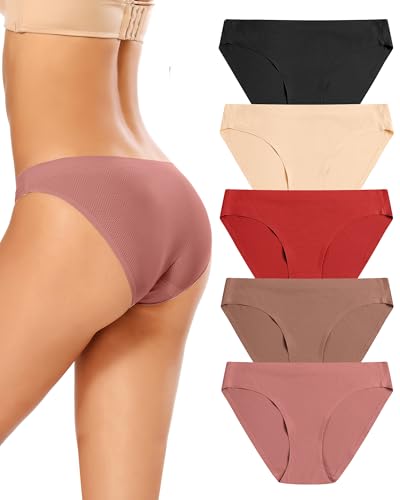 VOENXE Bikini Unterhosen Damen Mehrpack,Nahtlose Stretch Slip Panty Frauen Mehrfarbig,No Show Seamless Unsichtbare Atmungsaktiv Bequeme Hipster Unterwäsche 5er Pack von VOENXE