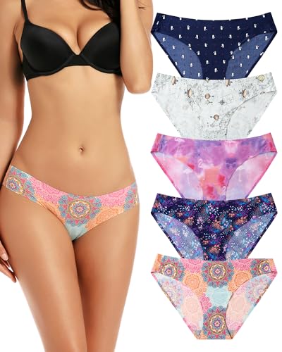 VOENXE Bikini Unterhosen Damen Mehrpack,Nahtlose Stretch Slip Panty Frauen Mehrfarbig,No Show Seamless Unsichtbare Atmungsaktiv Bequeme Hipster Unterwäsche 5er Pack von VOENXE