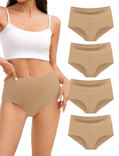 Unterhosen Damen Hautfarben Baumwolle,UnterwäSche Frauen Slips Hohe Taille,Weiche Stretch Panties Mehrpack,Bequeme SchlüPfer Atmungsaktiv Unterhose,High Waist Women Taillenslip Underwear 4er Pack von VOENXE