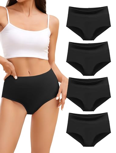 VOENXE Unterhosen Damen Baumwolle Schwarz,Hohe Taille UnterwäSche Frauen,Weiche Slips Mehrpack,Stretch Atmungsaktiv Panties SchlüPfer,Unterhose Taillenslip Bequeme,High Waist Women Underwear 4er Pack von VOENXE