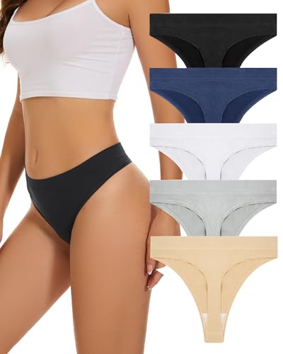 VOENXE High Waist Nahtlose String Tanga Damen,Seamless Hohe Taille Unterwäsche Frauen Mehrpack,Invisible Hoher Schnitt Bequem Thong Slip Mehrfarbig 5 Pack Set von VOENXE