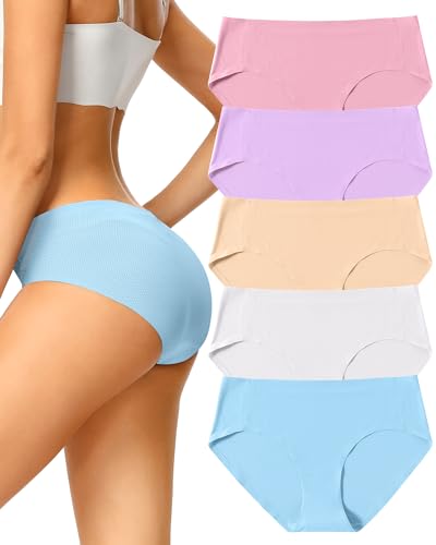 VOENXE Hipster Unterwäsche Damen Mehrpack,Nahtlose Bequeme Stretch Slip Unterhosen Frauen Mehrfarbig,Seamless No Show Schlüpfer Atmungsaktiv Hüftslip Panty 5er-Pack Set von VOENXE