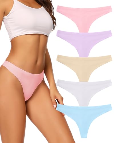 VOENXE Tanga String Damen Mehrpack,Nahtlose Unsichtbare Frauen Unterwäsche,Mehrfarbig No Show Seamless Atmungsaktiv Thong Slip 5er-Pack Set von VOENXE