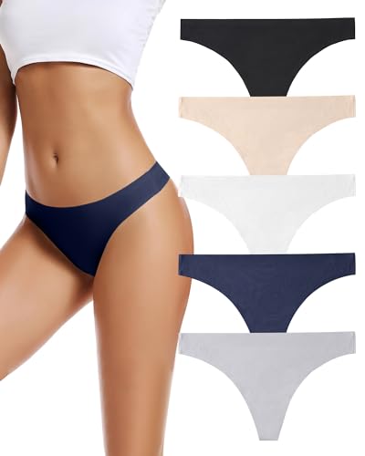 VOENXE Tanga String Damen Mehrpack,Nahtlose Unsichtbare Frauen Unterwäsche,Mehrfarbig No Show Seamless Atmungsaktiv Thong Slip 5er-Pack Set von VOENXE