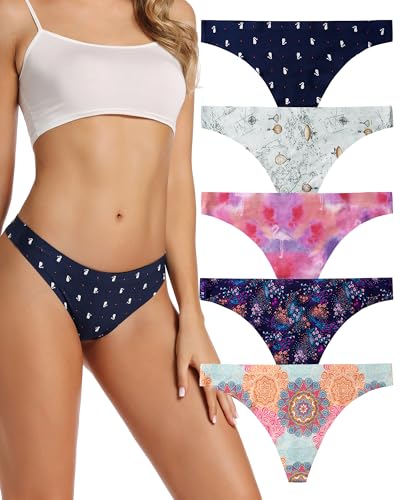VOENXE String Tanga Damen Nahtlos,Seamless Slip Mehrpack,Frauen Nahtlose UnterwäSche,Unterhose No Show Microfaser,Ohne Naht Unsichtbare Unterhosen Atmungsaktiv,Invisible Women Thong Underwear,5er Pack von VOENXE