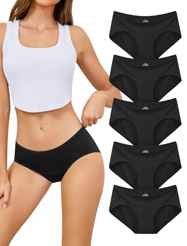 VOENXE Schwarze Unterhose Damen Baumwolle Slips 5er Pack,Atmungsaktiv UnterwäSche Frauen Stretch Weich Hipster Panties,Mittel Taille Bequem Sport HüFtslip Mehrpack,Women Underwear Cotton Bikini Panty von VOENXE