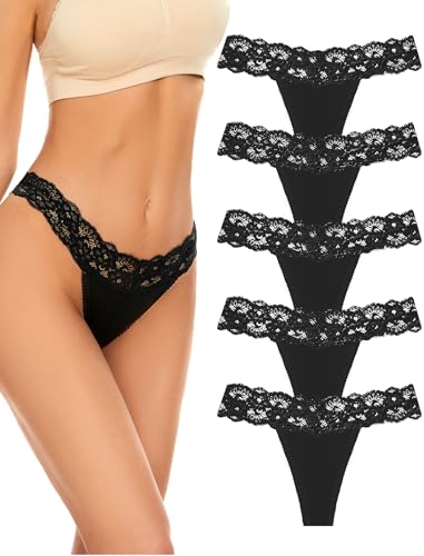 VOENXE Spitze String Tanga Damen Unterhosen,Nahtlos Unterwäsche Frauen Mehrpack,Seamless Invisible Lace Slip Panty,Ohne Naht Komfortabel Unterhose Underwear,Atmungsaktiv Thong,5 Pack Set von VOENXE