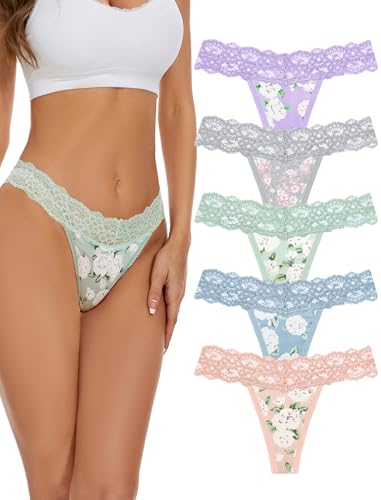 VOENXE Spitze String Tanga Damen Unterhosen,Nahtlos Unterwäsche Frauen Mehrpack,Seamless Invisible Lace Slip Panty,Ohne Naht Komfortabel Unterhose Underwear,Atmungsaktiv Thong,5 Pack Set von VOENXE