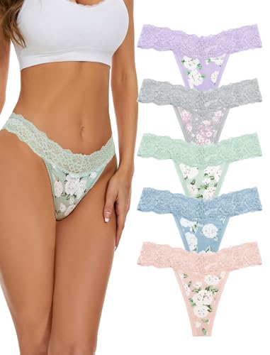 VOENXE Spitze String Tanga Damen Unterhosen,Nahtlos Unterwäsche Frauen Mehrpack,Seamless Invisible Lace Slip Panty,Ohne Naht Komfortabel Unterhose Underwear,Atmungsaktiv Thong,5 Pack Set von VOENXE