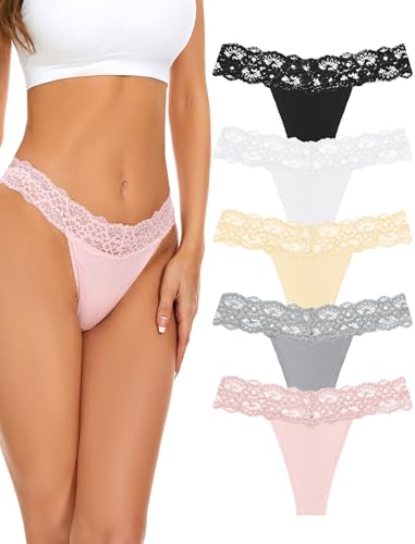 VOENXE Spitze String Tanga Damen Unterhosen,Nahtlos Unterwäsche Frauen Mehrpack,Seamless Invisible Lace Slip Panty,Ohne Naht Komfortabel Unterhose Underwear,Atmungsaktiv Thong,5 Pack Set von VOENXE