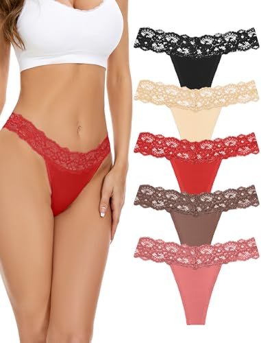 VOENXE Spitze String Tanga Damen Unterhosen,Nahtlos Unterwäsche Frauen Mehrpack,Seamless Invisible Lace Slip Panty,Ohne Naht Komfortabel Unterhose Underwear,Atmungsaktiv Thong,5 Pack Set von VOENXE