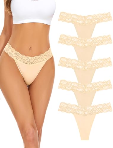 VOENXE Spitze String Tanga Damen Unterhosen,Nahtlos Unterwäsche Frauen Mehrpack,Seamless Invisible Lace Slip Panty,Ohne Naht Komfortabel Unterhose Underwear,Atmungsaktiv Thong,5 Pack Set von VOENXE