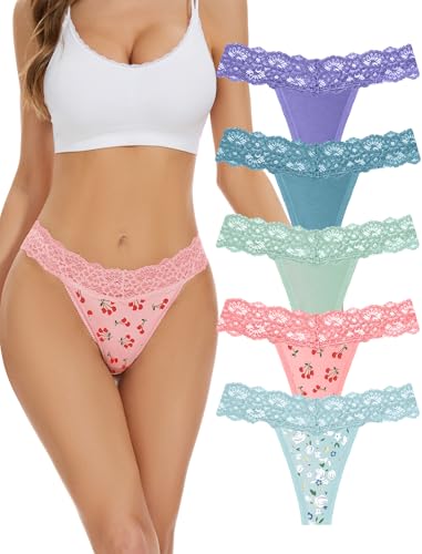 VOENXE Spitze String Tanga Damen Unterhosen,Nahtlos Unterwäsche Frauen Mehrpack,Seamless Invisible Lace Slip Panty,Ohne Naht Komfortabel Unterhose Underwear,No Show Women Atmungsaktiv Thong,5 Pack Set von VOENXE
