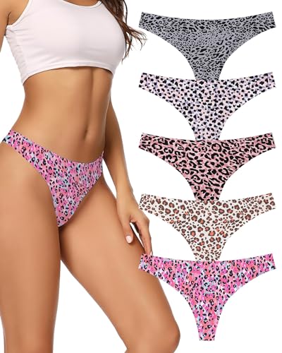 VOENXE Seamless Thongs for Women No Show Thong Underwear Women 5-10 Pack (G-5 Pack Leopard Print, X-Large) von VOENXE