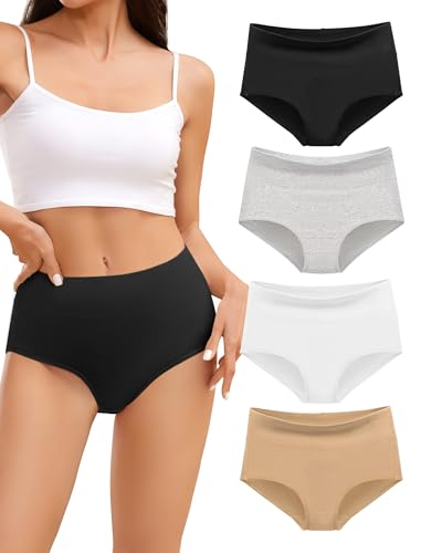 VOENXE Unterhosen Damen Baumwolle,Hohe Taille UnterwäSche Frauen,Weiche Slips Mehrpack,Stretch Atmungsaktiv Panties SchlüPfer,Unterhose Taillenslip Bequeme,High Waist Women Underwear 4er Pack Set von VOENXE
