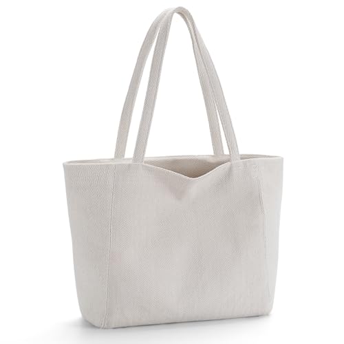 VOESLD Shopper Tasche Damen Tote Bag, Cord Tasche mit vielen Fächern,Shopping Stofftasche mit Reißverschluss, Handtasche Tragetasche Damen, Canvas Beuteltasche College Beige von VOESLD