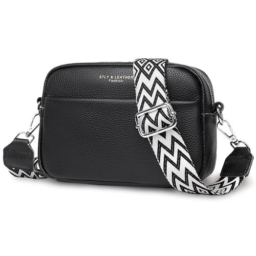 VOFANK Crossbody Bag Damen, Echtes Leder Umhängetasche Damen Klein Mode Crossbody Bag Damen Breiter Gurt, Tasche Damen Umhängetasche Schultertaschen mit 3 Fächern, Schwarz von VOFANK