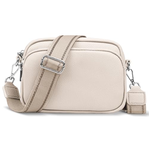 VOFANK Crossbody Bag Damen Breiter Gurt, Kleine Umhängetasche Damen Mode PU Leder Schultertaschen Tasche Damen Umhängetasche für Arbeiten Einkaufen Dating Reisen, B. Beige von VOFANK