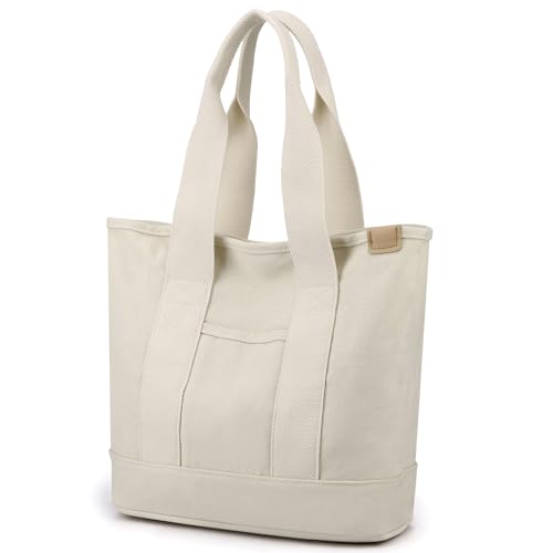 VOFANK Handtasche Damen Mittelgroß Canvas Tote Bag mit Fächern, Canvas Shopper Tasche Schultertasche Damen für Einkaufen Arbeit Büro Reisen, Beige von VOFANK