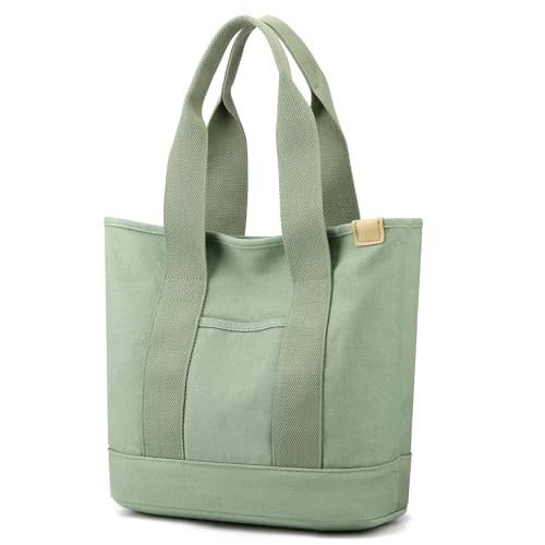 VOFANK Handtasche Damen Mittelgroß Canvas Tote Bag mit Fächern, Canvas Shopper Tasche Schultertasche Damen für Einkaufen Bücher Arbeit Büro Reisen, Grün von VOFANK