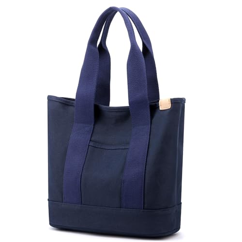 VOFANK Handtasche Damen Mittelgroß Canvas Tote Bag mit Fächern, Canvas Shopper Tasche Schultertasche Damen für Einkaufen Bücher Arbeit Büro Reisen, Navy Blau von VOFANK