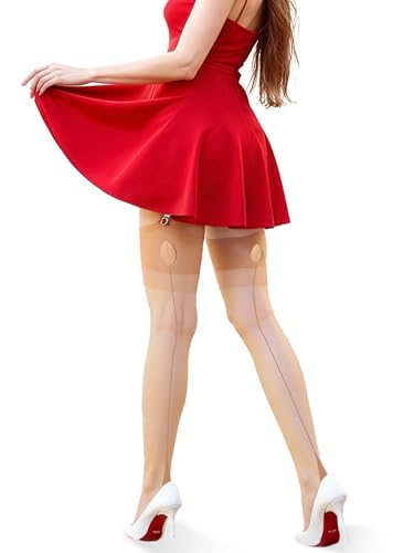 VOGEL VERE Damen Strapsstrümpfe Klassische,Damen Oberschenkel Hohe Strümpfe Overknees,Nylonstrümpfe Retro-stil mit Rucknähten Nahten Ohne Strumpfhalter (L,Tan) von VOGEL VERE